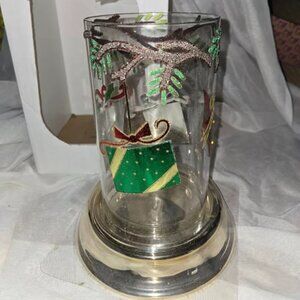 Christmas Glass Hurricane Candle Holder Member Mark Multicolor glitter w/Gifts